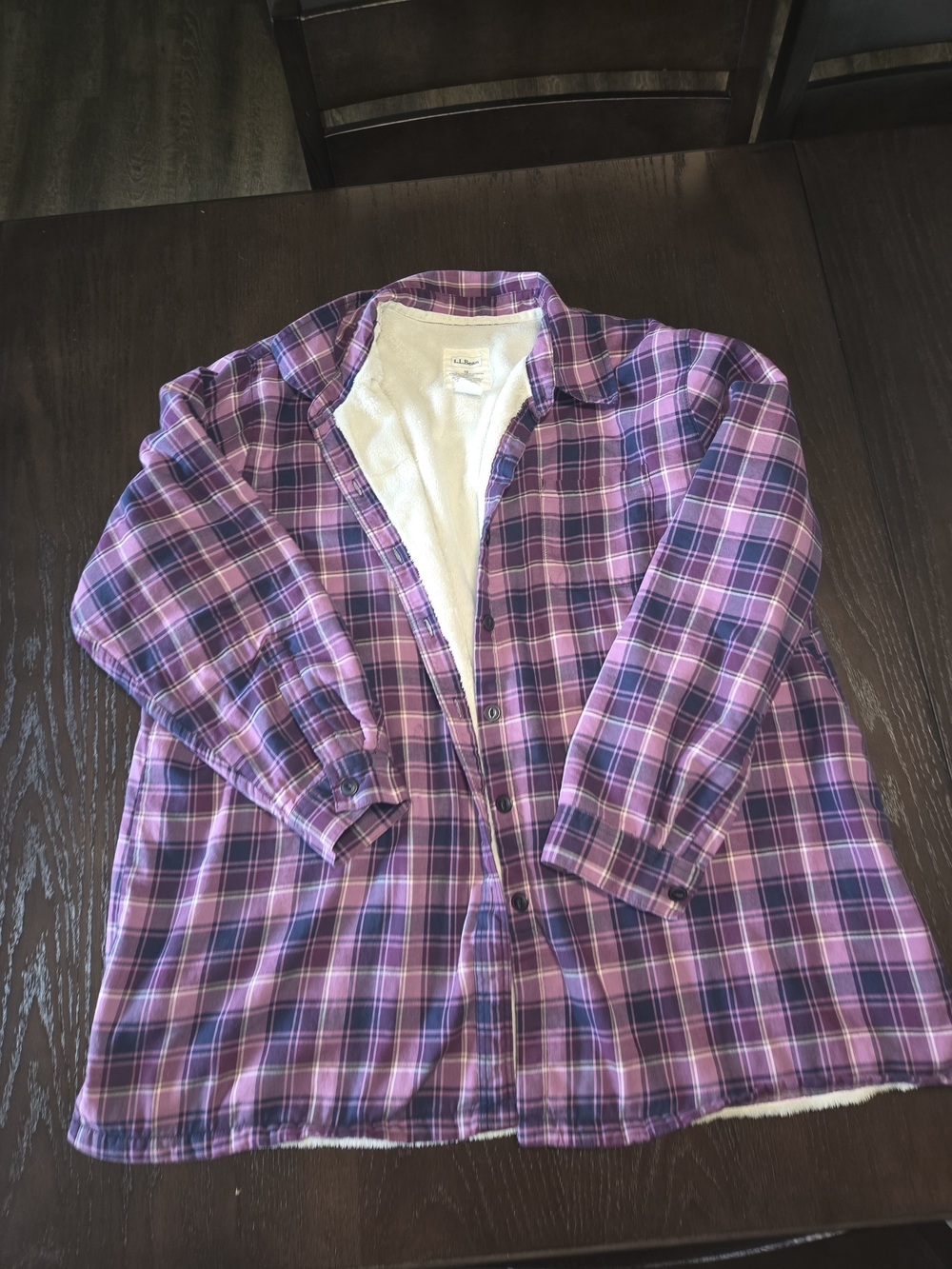 L.L. Bean Fleece-Lined Flannel Shirt Jacket Plaid Purple 1X For Women.